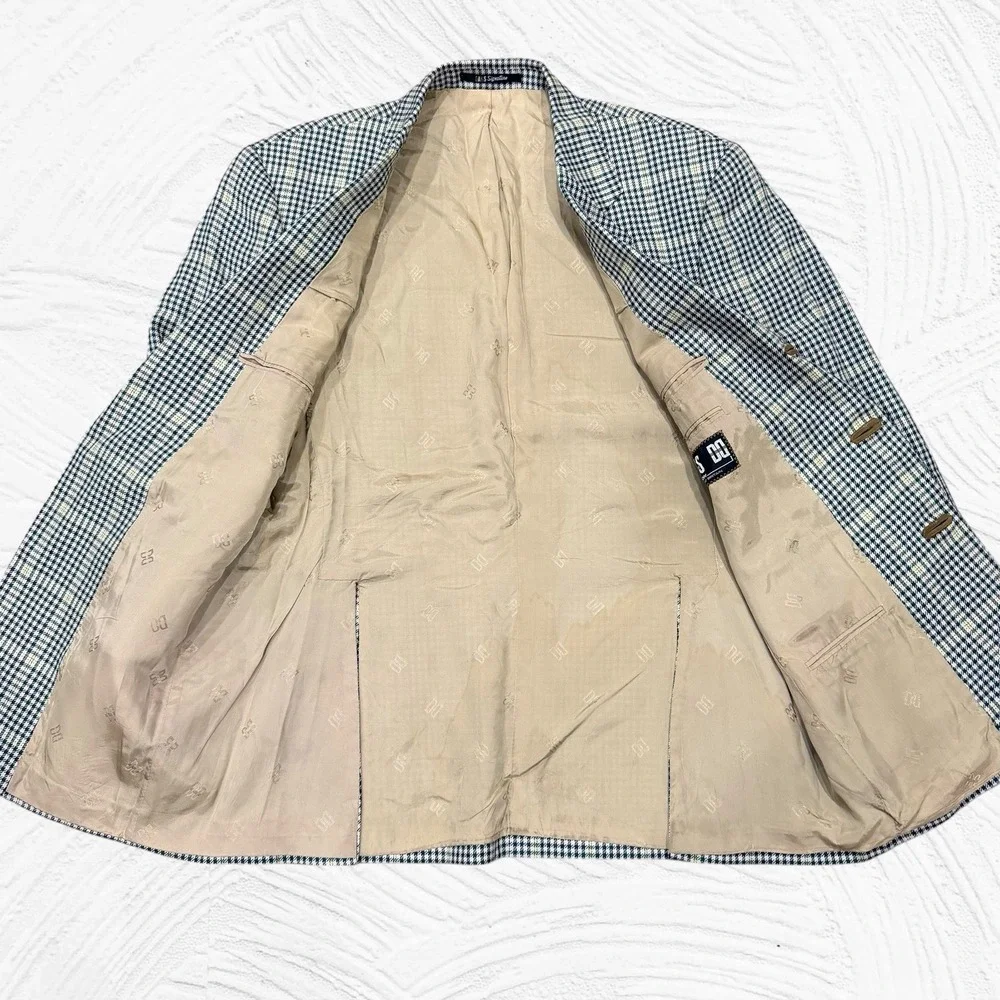 Daks London Blazer Men 42R Green Blue Cream Check Wool‎ Silk 3 Roll 2 Windowpane